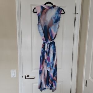 Tahari ASL Abstract Pleated Belted Dress